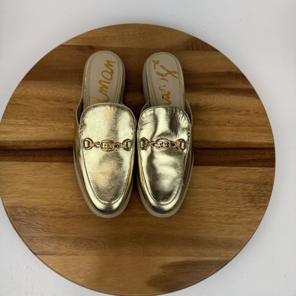 New Womens Sam Edelman Kira Gold Leather Horsebit Slip On Shoes Mules‎ Size 8 M